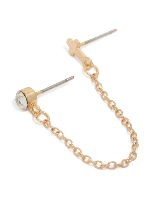 Gold Diamante & Cross Chain Sandwich Earring