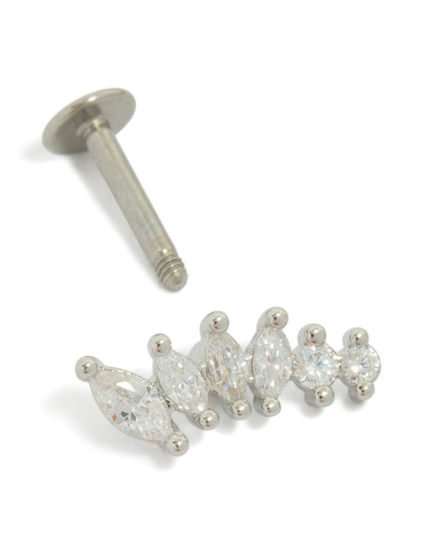 Showcasing crawler style earrings crafted from surgical steel with cubic zirconia stones and flat back closure detail view