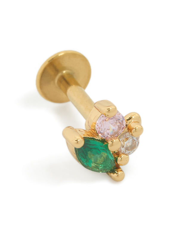 Showcasing a gold plated surgical steel green cubic zirconia cluster single flat back stud front view