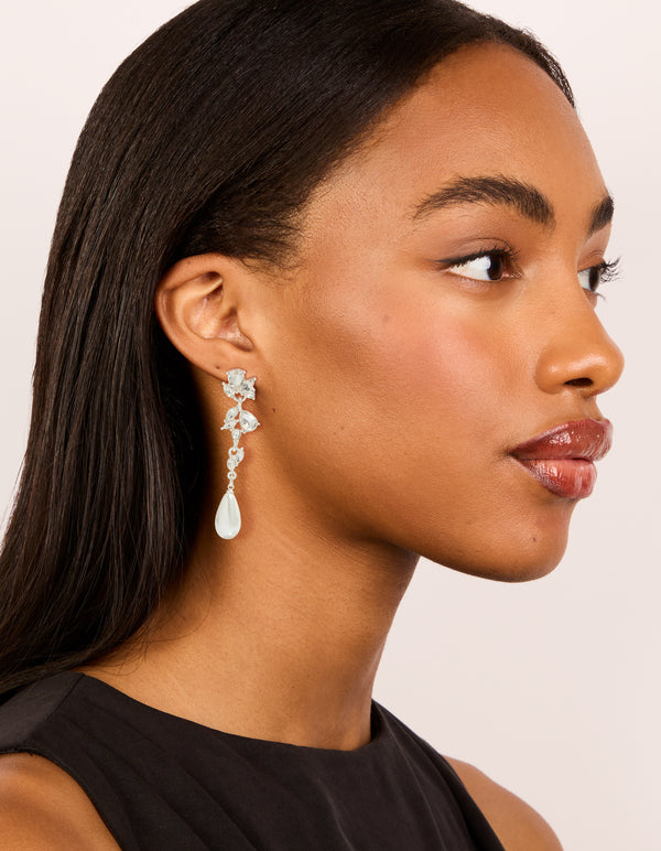 Silver Pearl & Crystal Leaf Drop Earrings