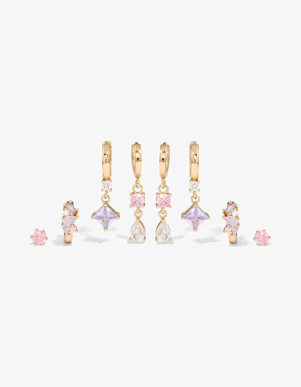 Gold Lilac & Pink Cubic Zirconia Flower Earrings 4-Pack