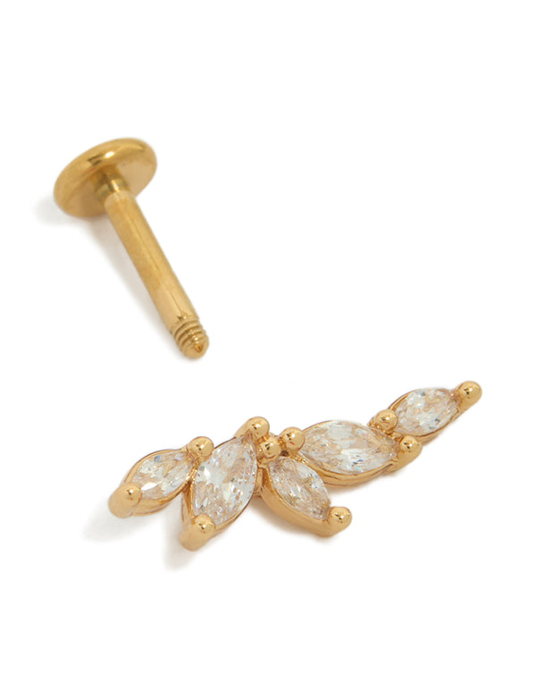 Detailed view of a gold plated titanium cubic zirconia fan crawler single flat back stud with statement styling post detail view