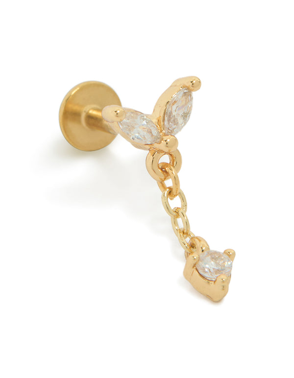 Showcasing a gold plated titanium cubic zirconia fan chain single flat back stud with crystal featuring a clear accent front view