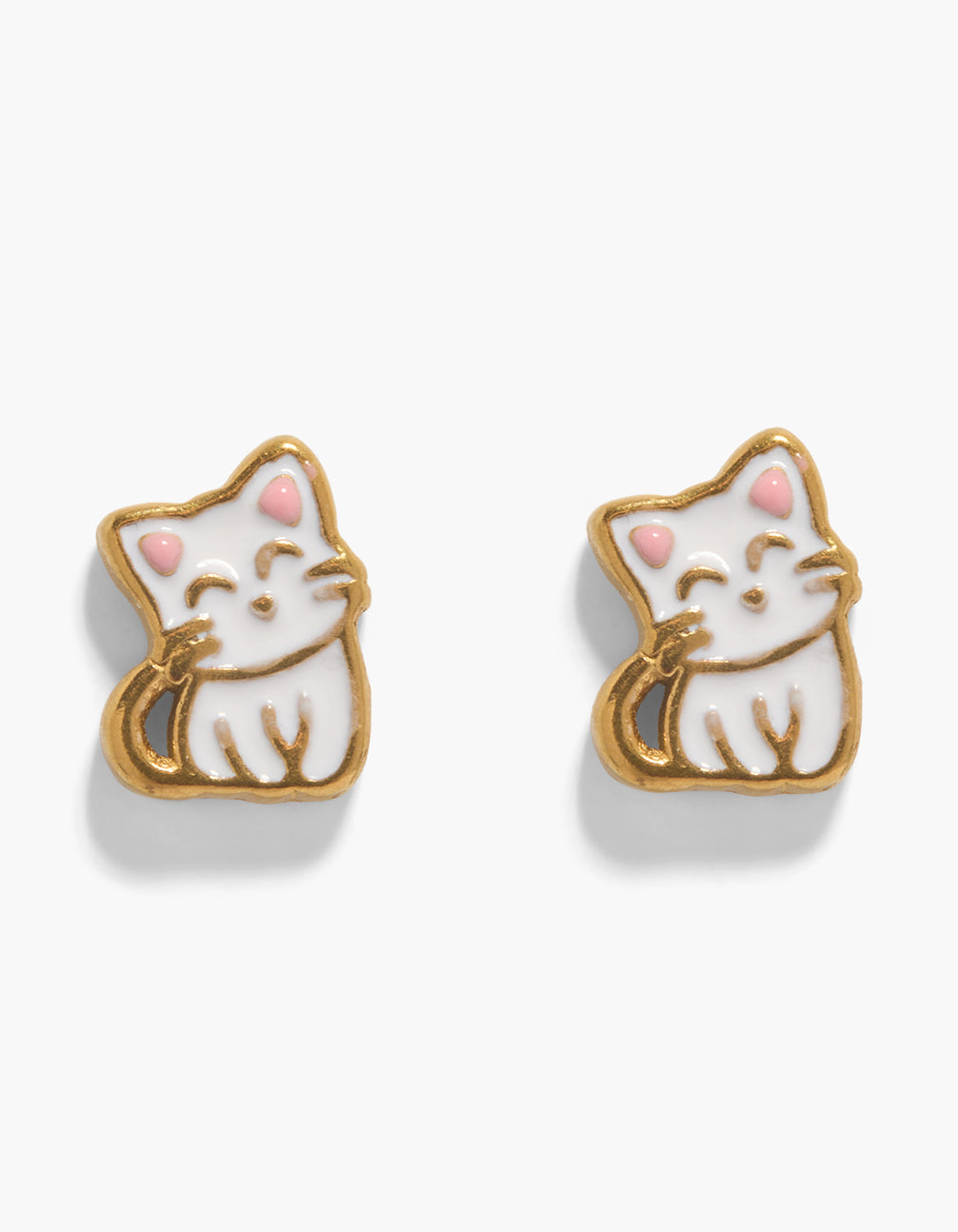 Adorable kids gold plated surgical steel enamel cat flat back studs in white and pink front view