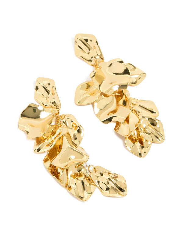 Discover statement multi petal drop earrings in gold plated finish front view