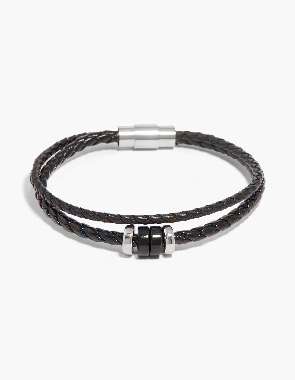 Mens waterproof braided cord bracelet with beads, stainless steel clasp, in black and silver front view