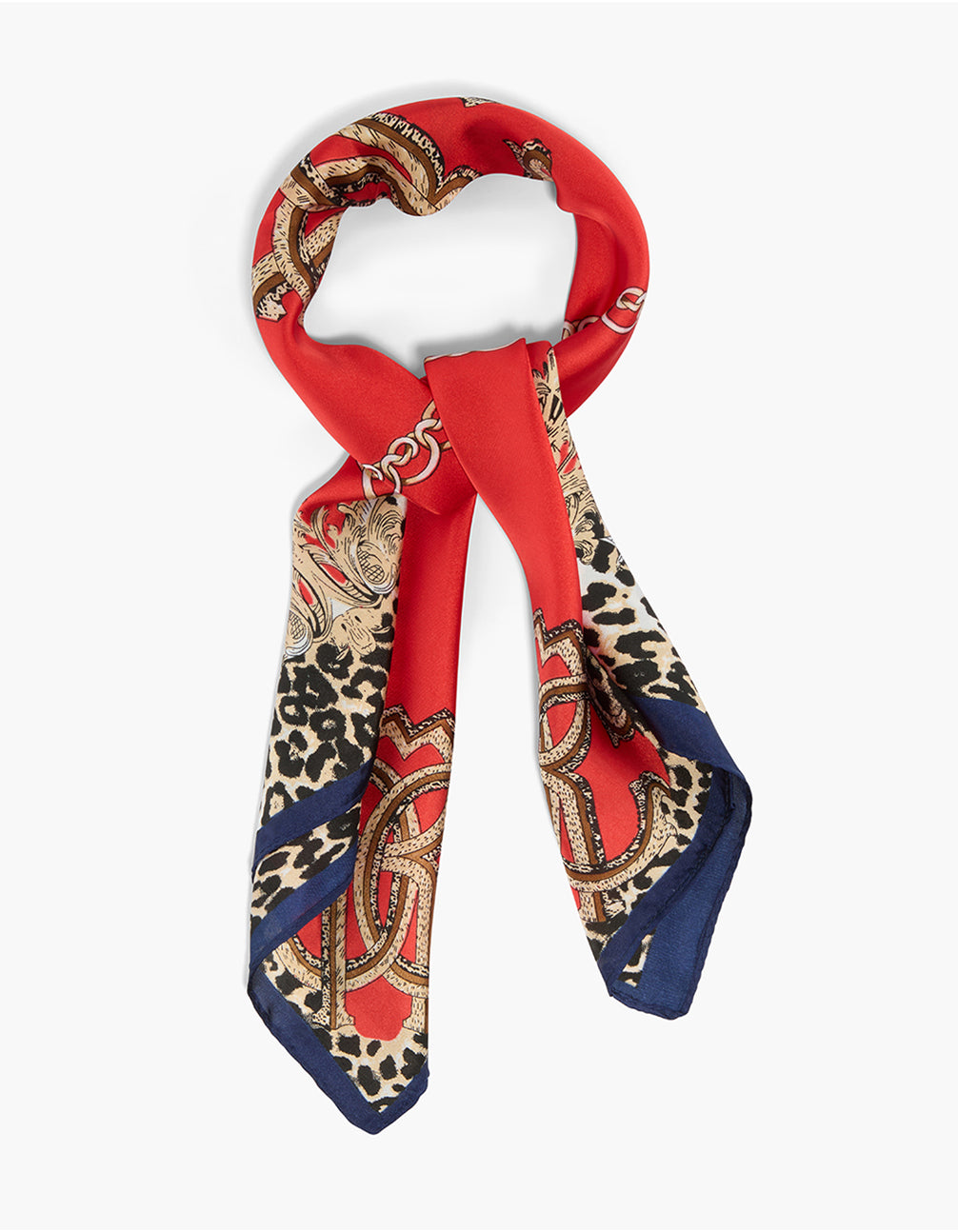 Showcasing a statement scarf in red and leopard print with chain details featuring navy and gold accents side view