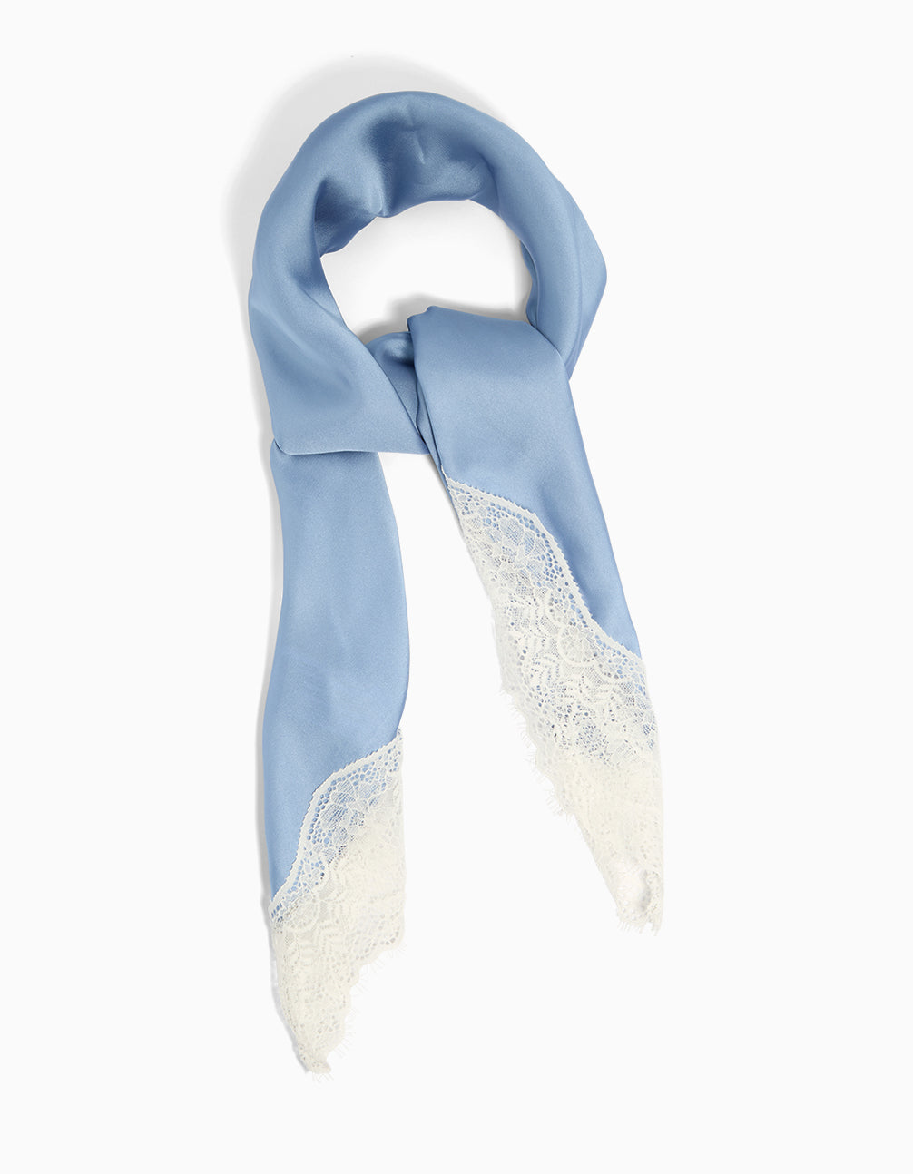 Showcasing a steel blue and ivory lace edge satin long scarf with solid print front view