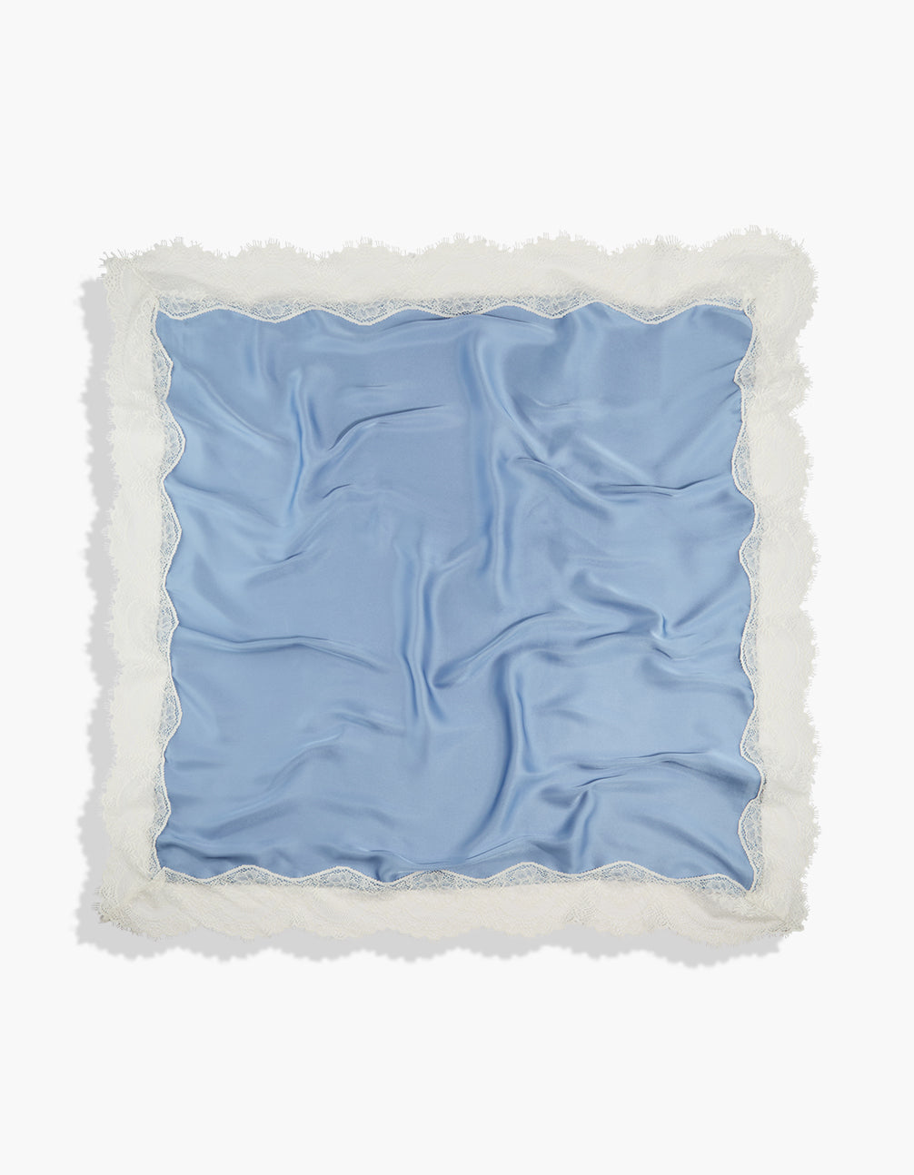 Elegant steel blue and ivory lace edge satin long scarf in solid print detail view