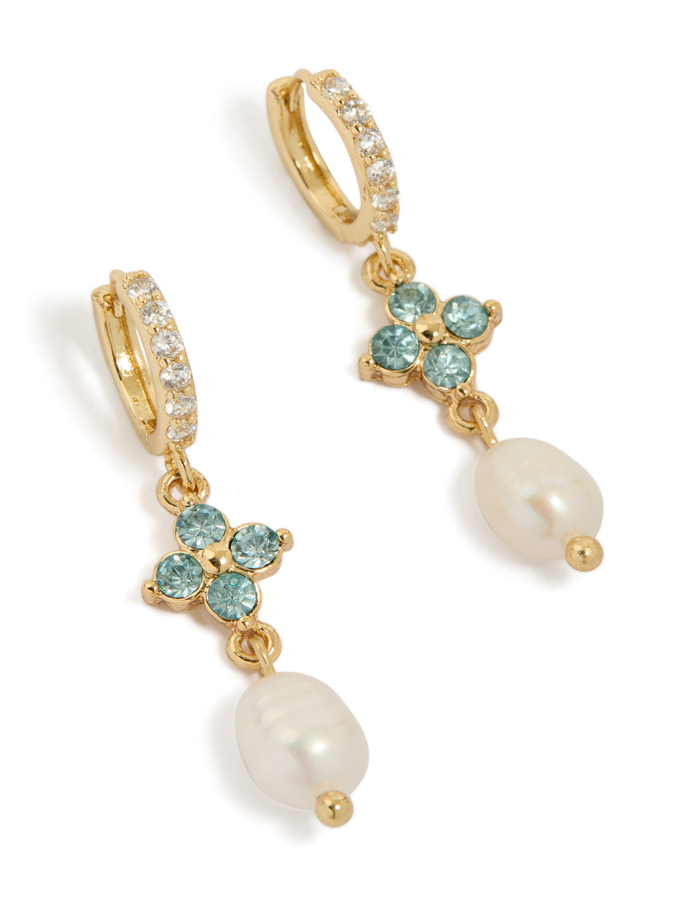 Beautifully crafted gold plated drop earrings featuring blue diamante with freshwater pearls front view