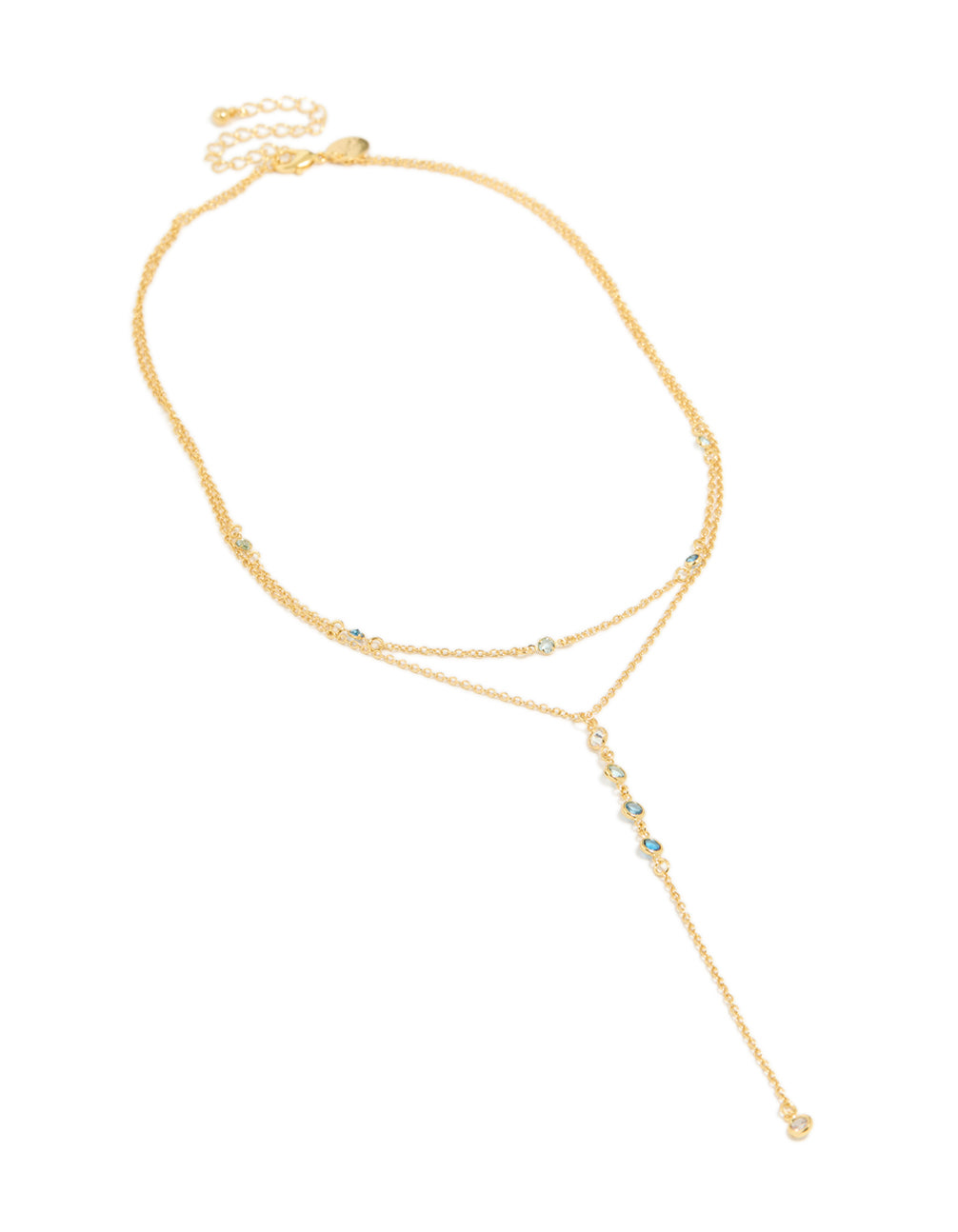 Discover this gold plated bezel cubic zirconia station layered Y-necklace front view