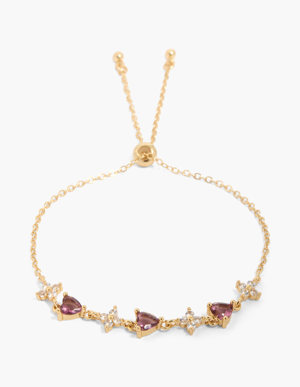 Showcasing a gold plated purple cubic zirconia flower bracelet front view