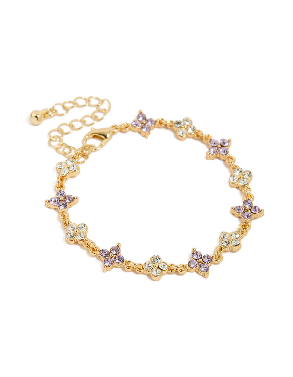 Gold Plated Lilac Cubic Zirconia Flower Bracelet