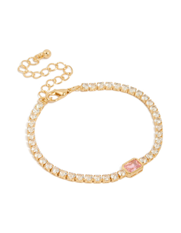 Gold Plated Pink Cubic Zirconia Baguette Tennis Bracelet