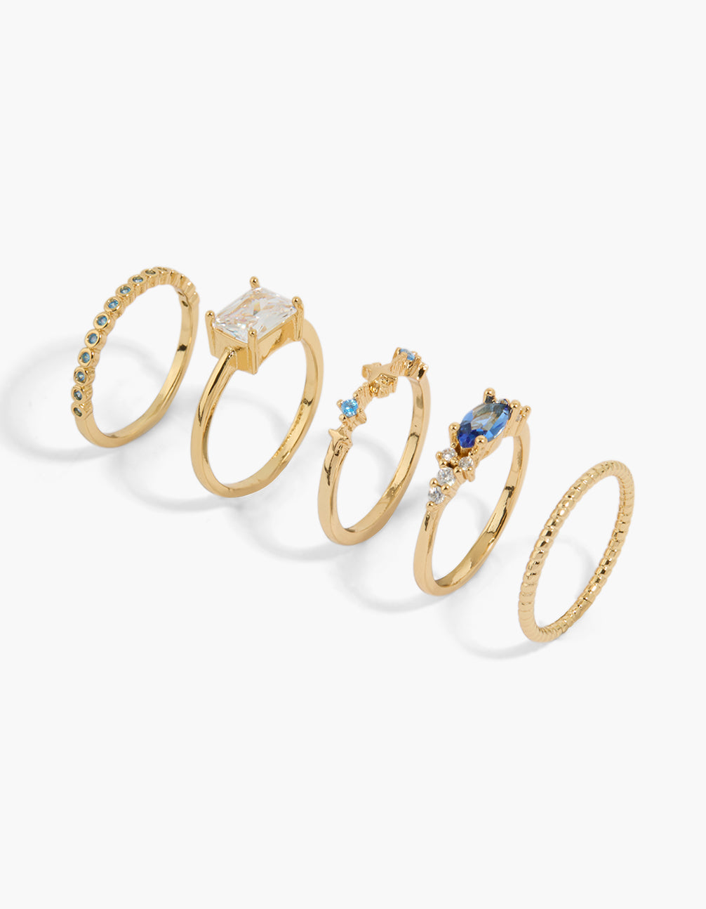 Gold Plated Multicoloured Cubic Zirconia Baguette Oval Star Rings 5-Pack