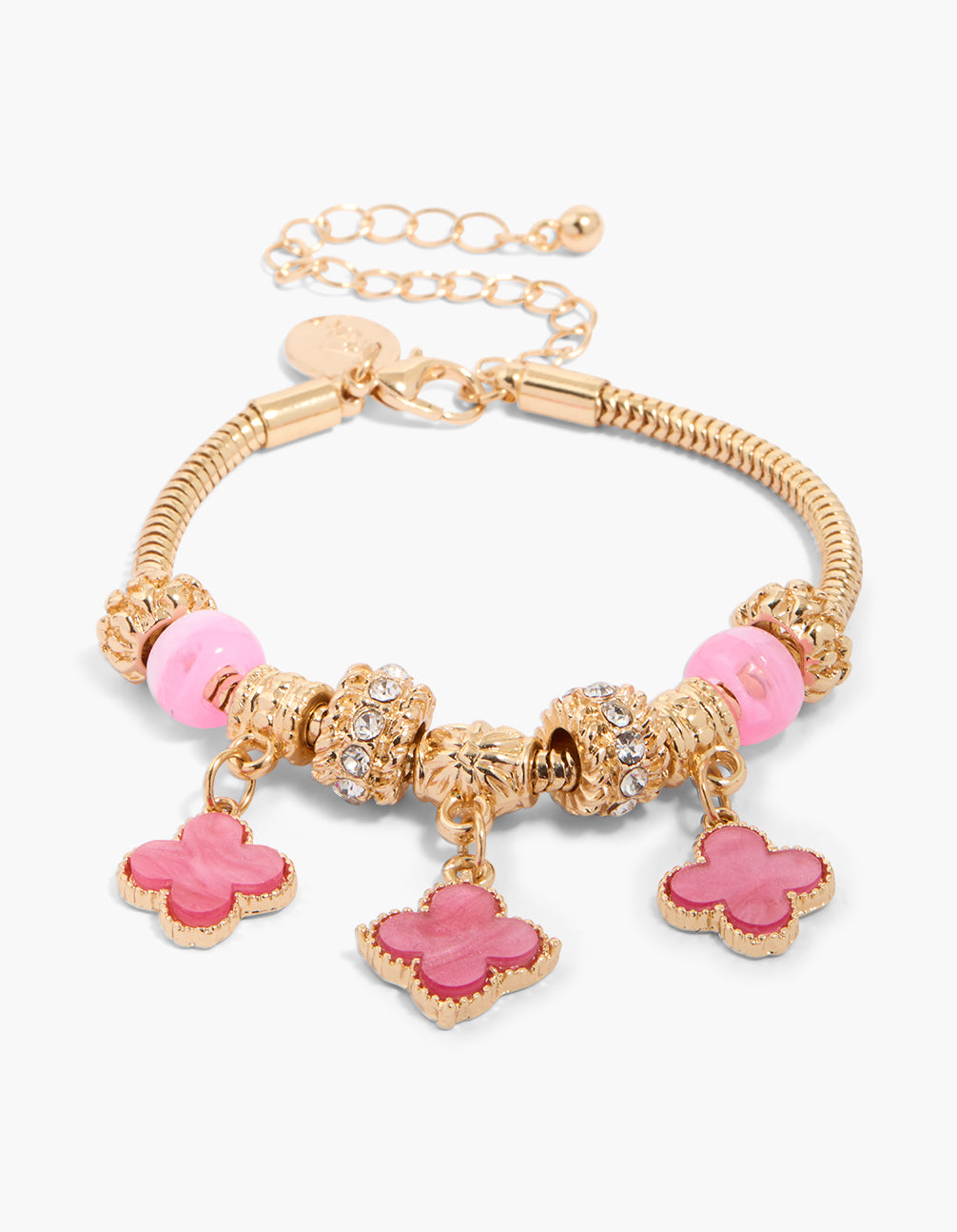 Gold Pink Enamel Flower Charms Bracelet