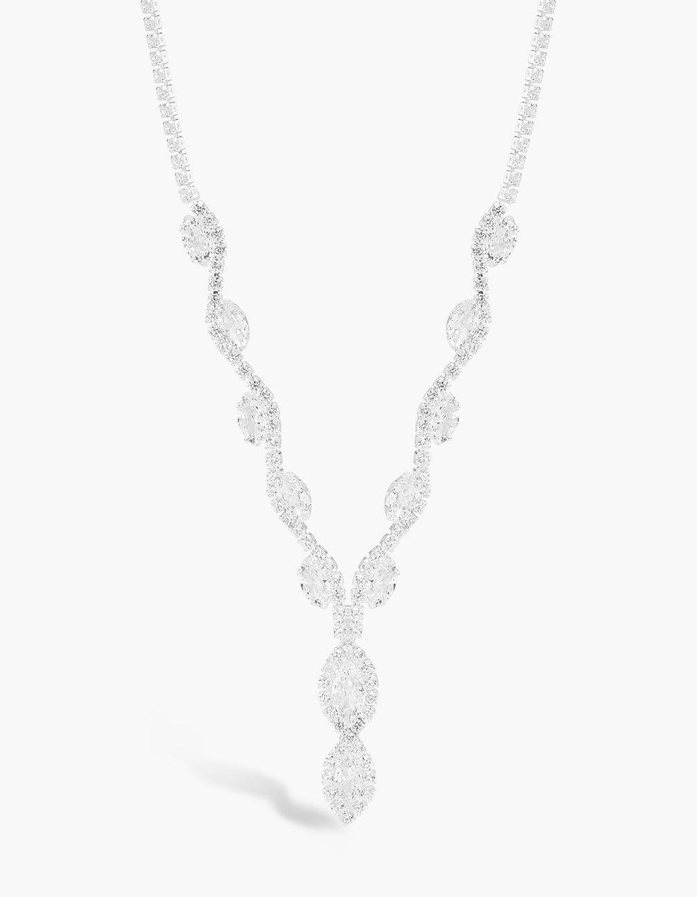 Elegant vine Y-necklace crafted from silver plated metal featuring marquise cut cubic zirconia stones close up view