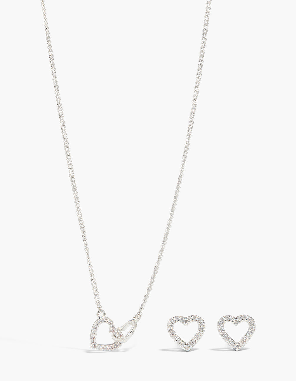 Silver Plated Silver Cubic Zirconia Linked Heart Pendant Earrings & Necklace