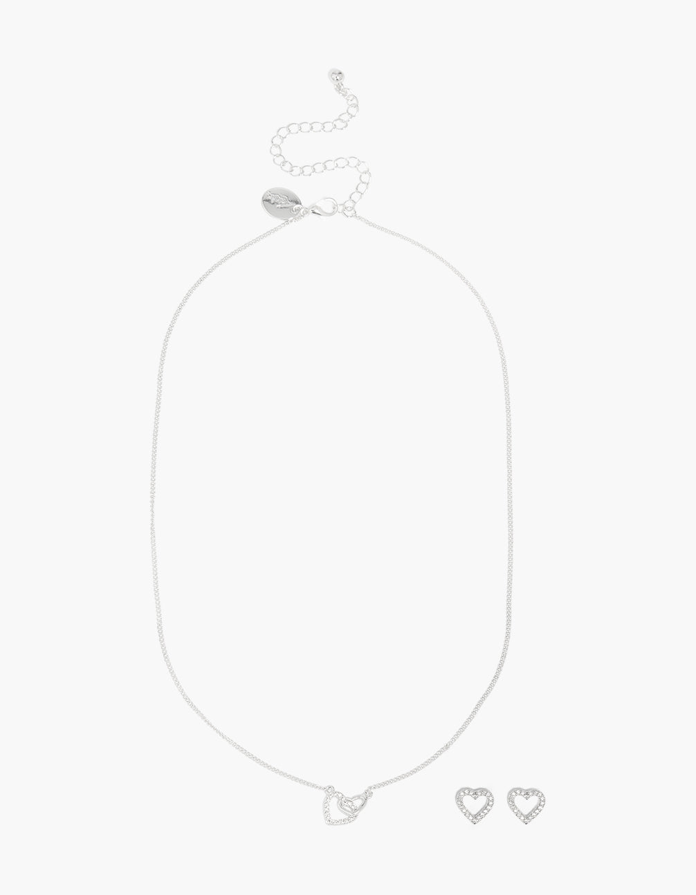 Silver Plated Silver Cubic Zirconia Linked Heart Pendant Earrings & Necklace