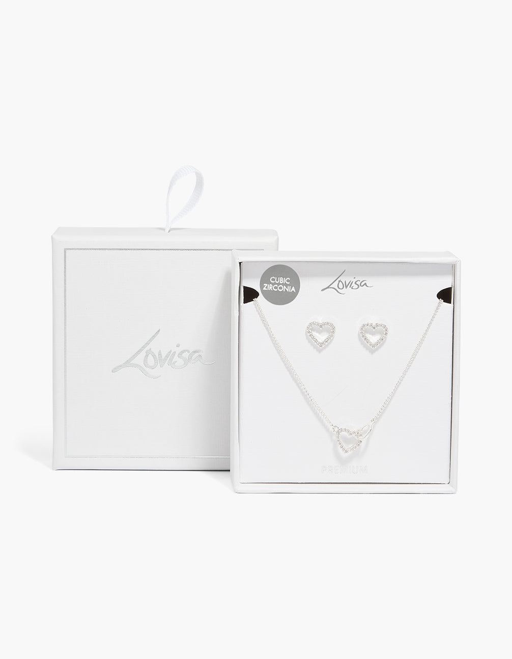 Silver Plated Silver Cubic Zirconia Linked Heart Pendant Earrings & Necklace
