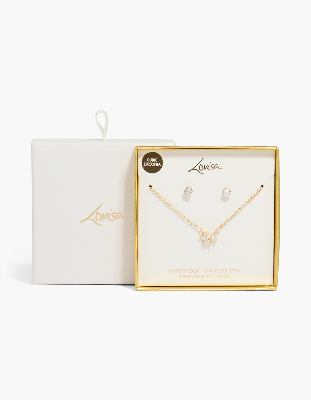 Waterproof Gold Plated Stainless Steel Cubic Zirconia Baguette Necklace & Earrings Set