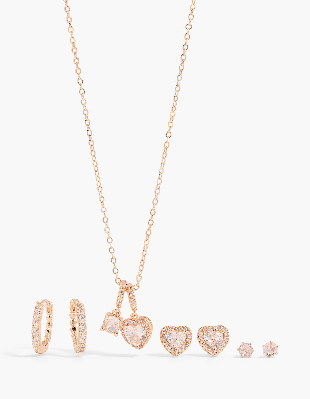 Rose Gold Plated Cubic Zirconia Halo Heart Necklace & Earrings Set