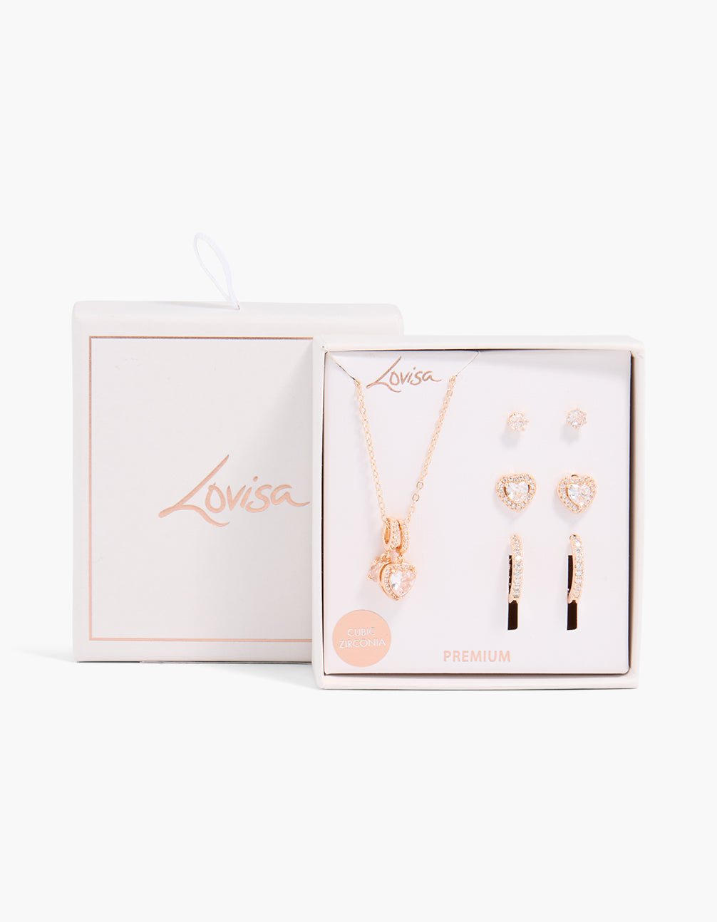 Rose Gold Plated Cubic Zirconia Halo Heart Necklace & Earrings Set
