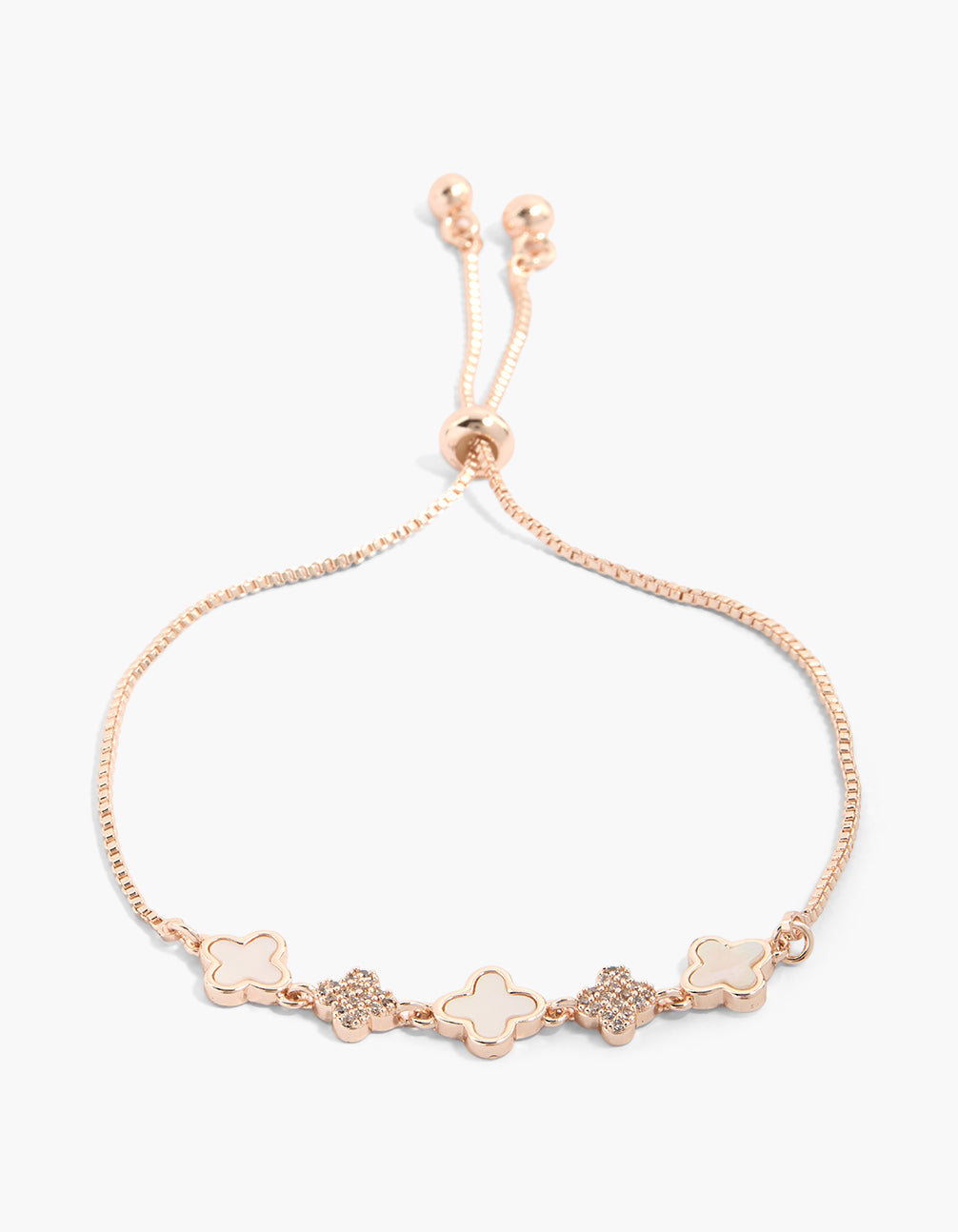 Dainty rose gold plated toggle bracelet featuring floral accents with cubic zirconia front view