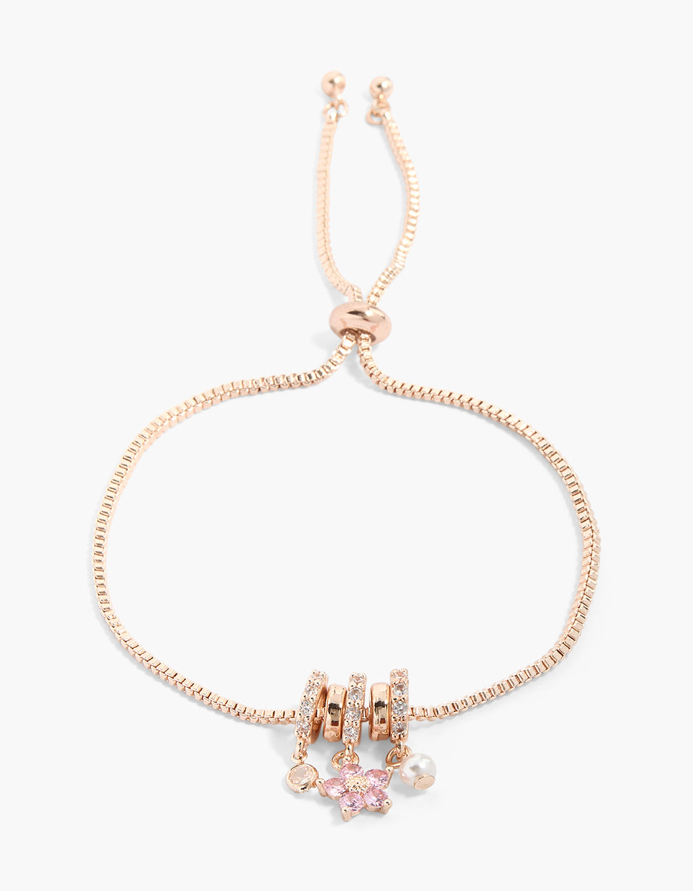 Rose Gold Plated Pink Cubic Zirconia Flower & Pearl Rondelle Toggle Bracelet