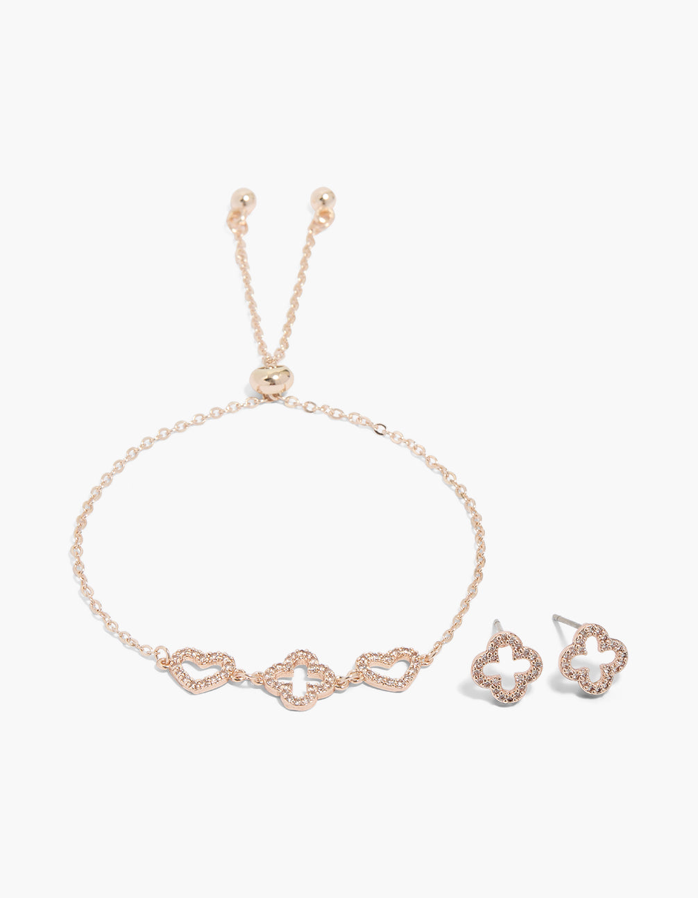 Rose Gold Plated Cubic Zirconia Flower Heart Outline Bracelet & Earrings Set
