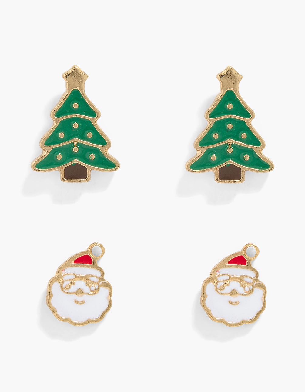 Waterproof stainless steel stud earrings featuring tree design in gold plated enamel with 2-pack front view