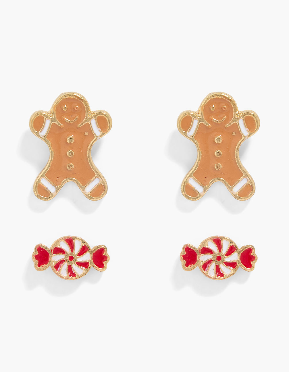 Showcasing waterproof gold plated stainless steel featuring enamel, food lolly and gingerbread studs in a 2-pack , stud closure front view