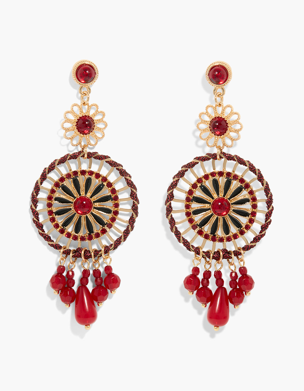 Showcasing gold and red beaded thread circle drop earrings in maroon and black front view