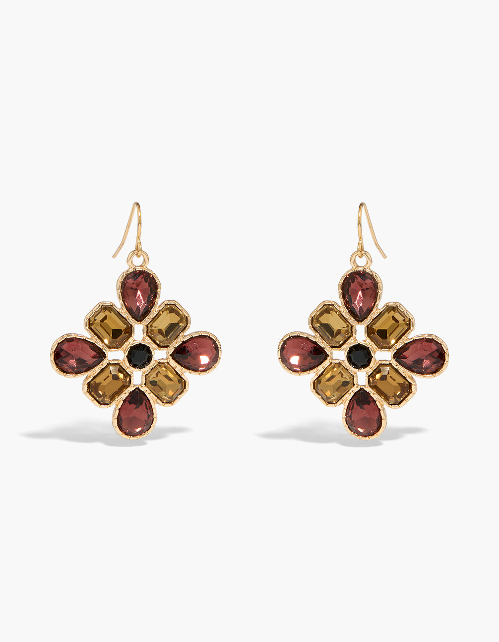 Showcasing statement drop earrings with dark red, olive green, and black diamante stones in gold-tone setting front view