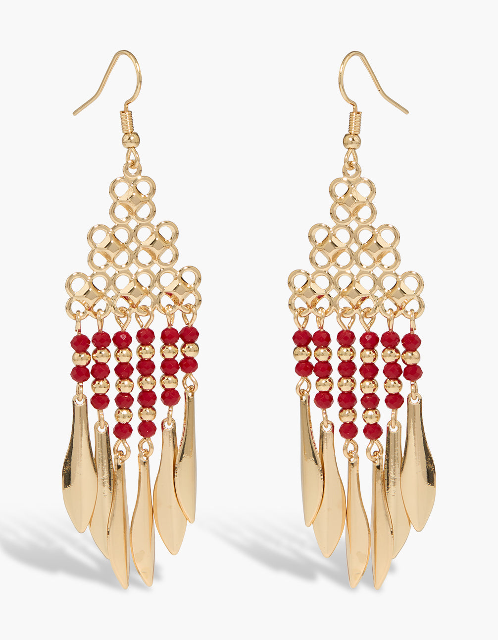 Discover these gold open circles and red beaded chandelier drop earrings featuring charm details front view