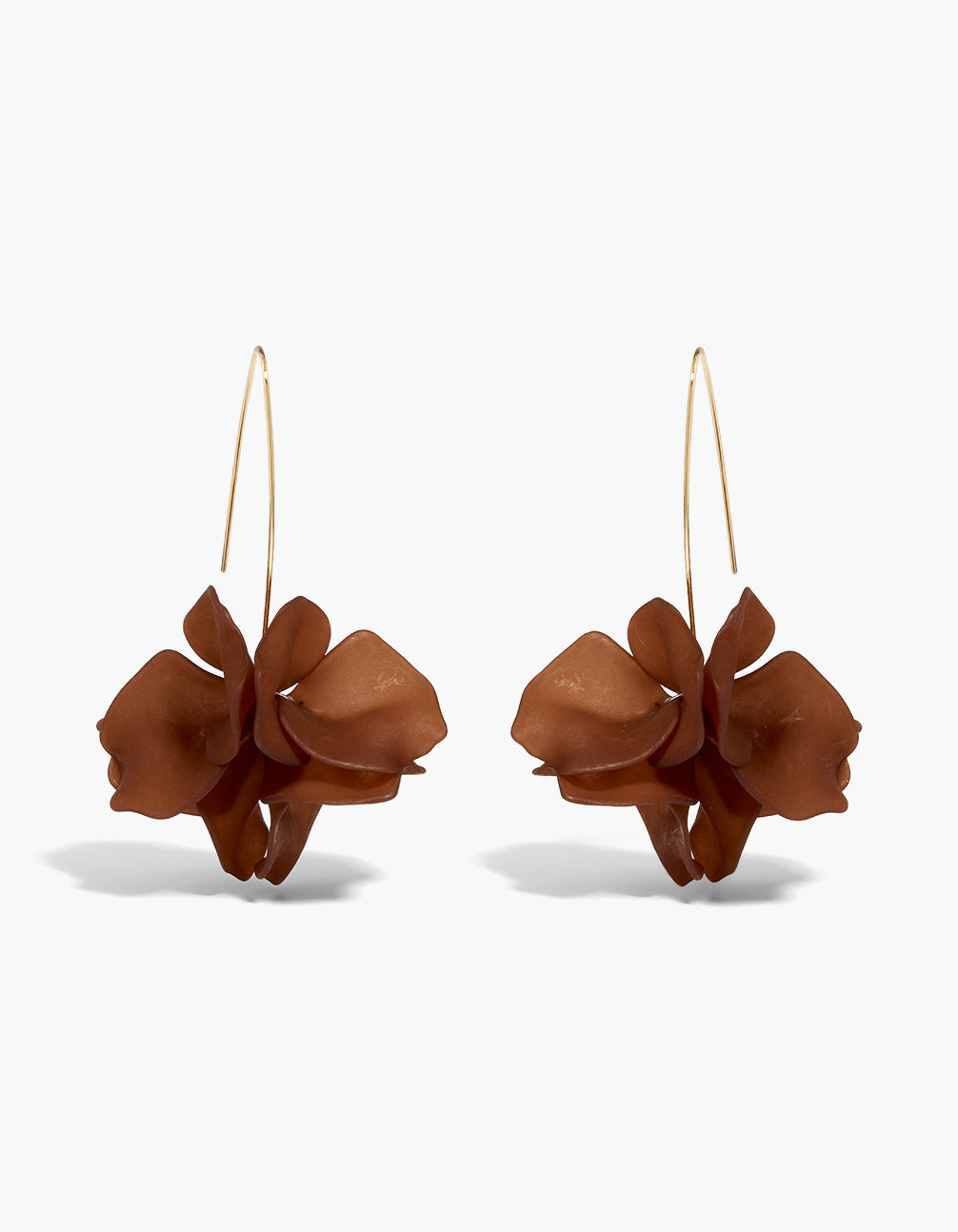 Introducing statement style drop earrings with frosted floral design in sienna and gold tones front view