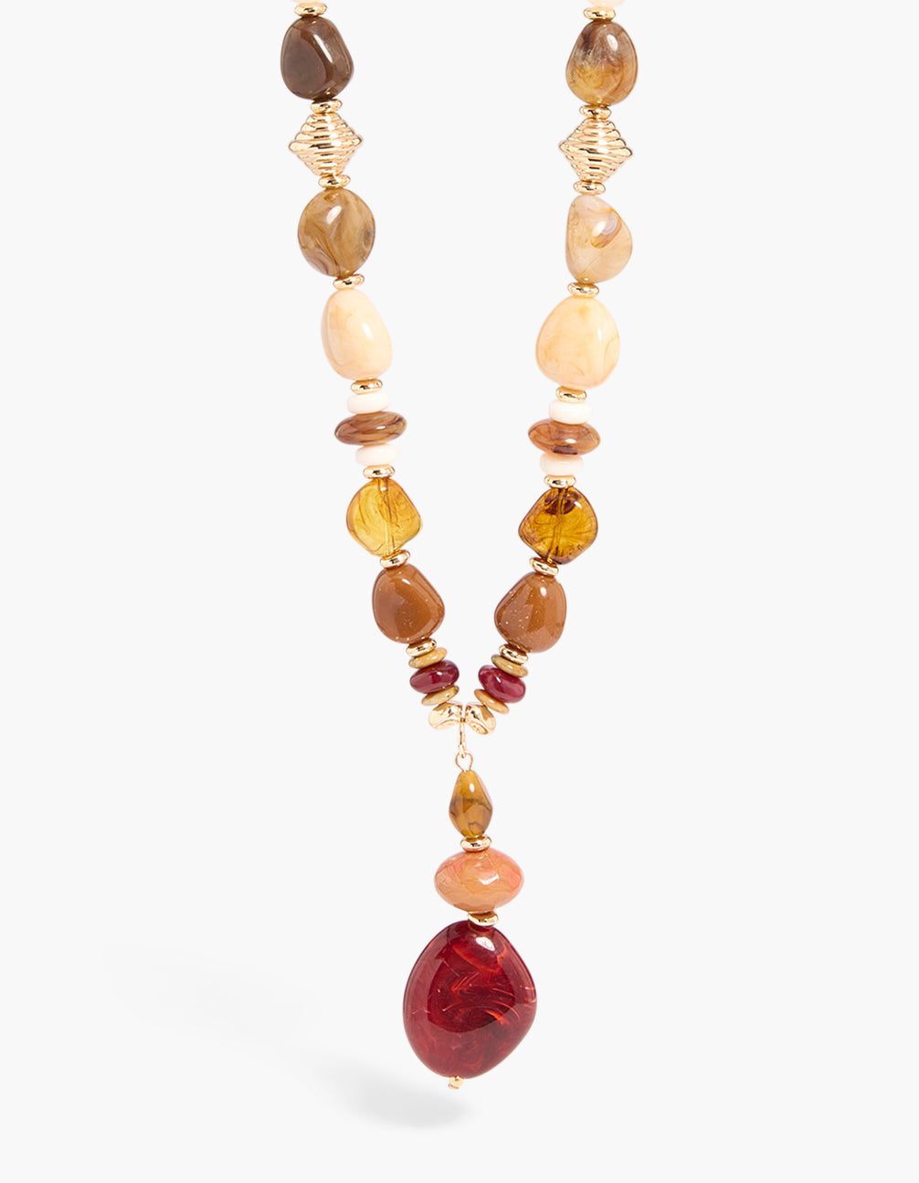 Featuring a beaded red and brown acrylic irregular drop necklace with gold accents in statement style close up view