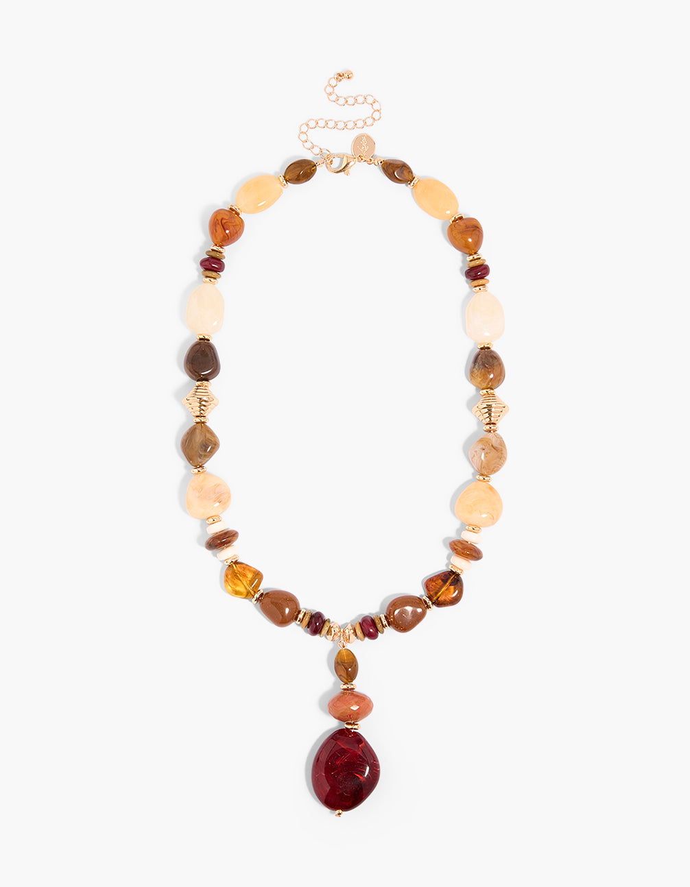 Showcasing a beaded red and brown acrylic irregular drop necklace with gold accents in statement style front view