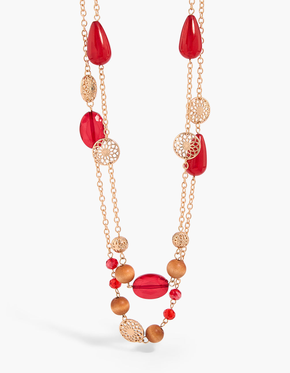 Gold Red & Brown Long Beaded Layered Necklace