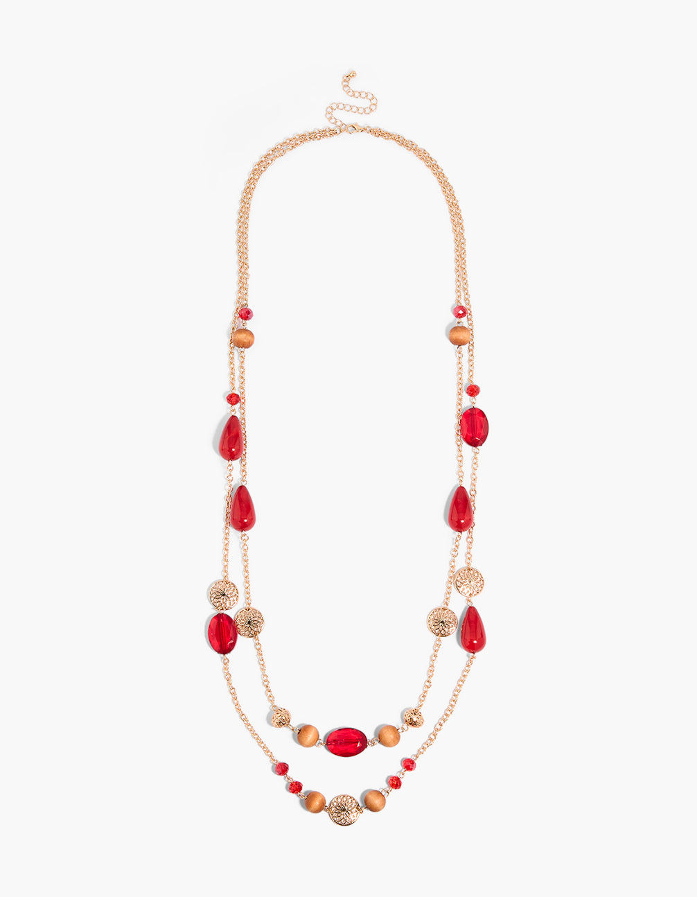 Gold Red & Brown Long Beaded Layered Necklace