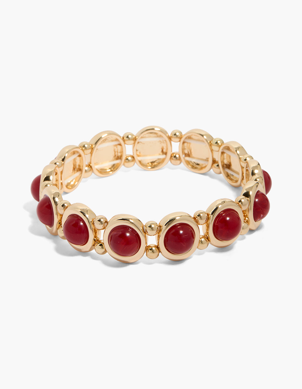 Featuring organic beaded stretch bracelet in gold and dark red front view