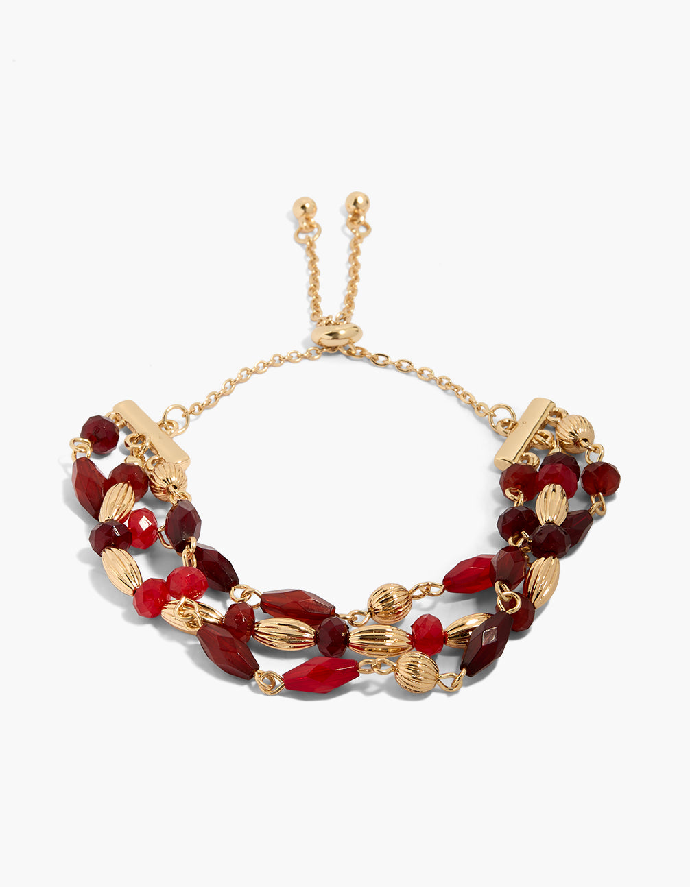 Showcasing a gold and red beaded triple layered toggle bracelet in front view
