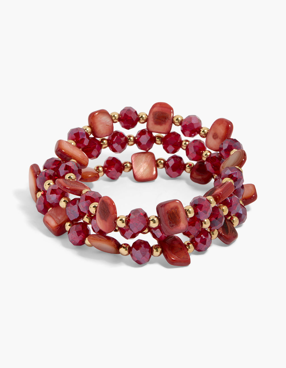 Featuring red beaded stretch bracelets in a 3-pack with statement gold accents front view