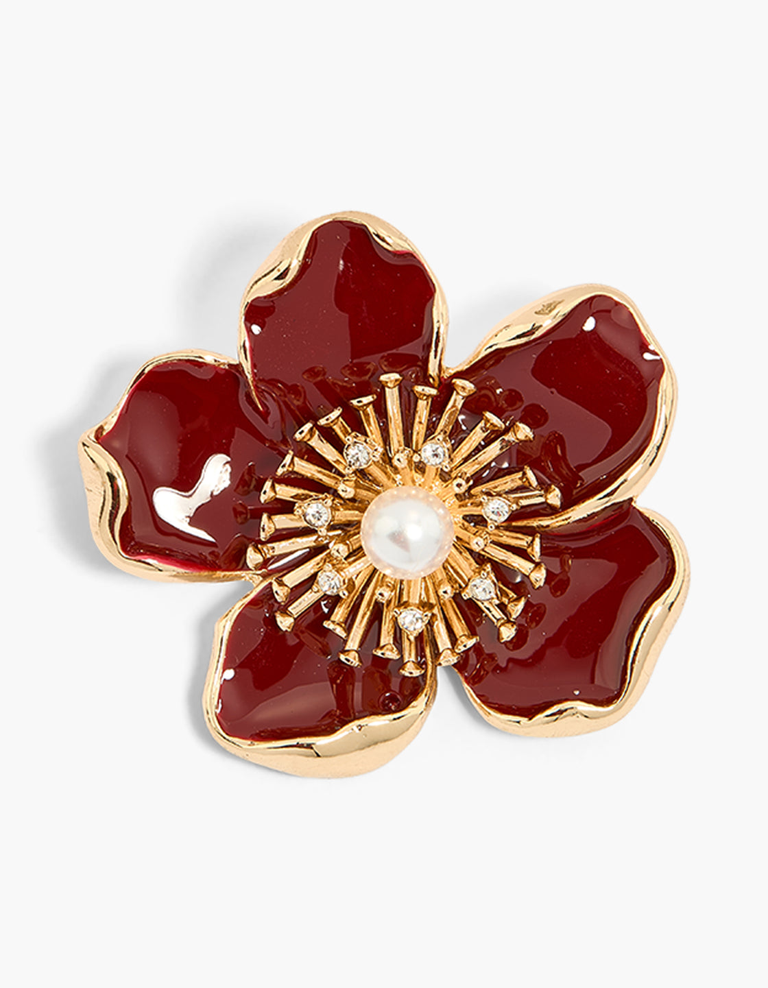 Gold Burgundy Enamel Floral Brooch