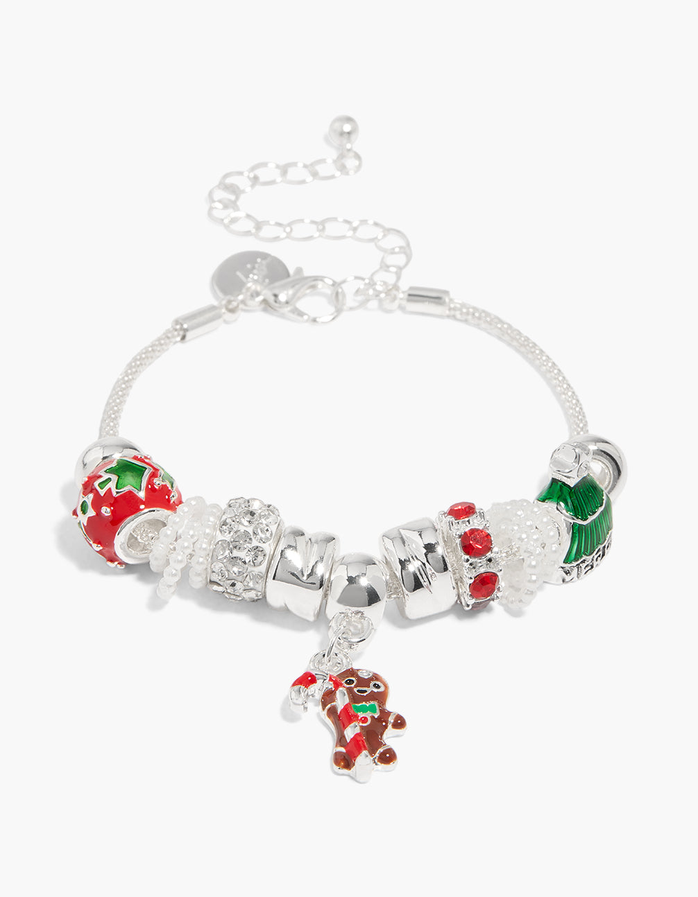 Showcasing a silver Xmas toggle chain bracelet featuring beads, cubic zirconia, pearl elements, and statement style front view
