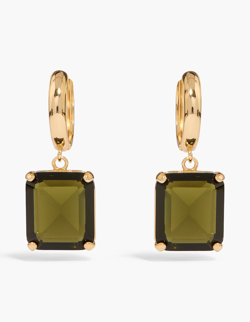 Featuring square statement drop earrings in gold plated metal with dark olive green cubic zirconia stones front view