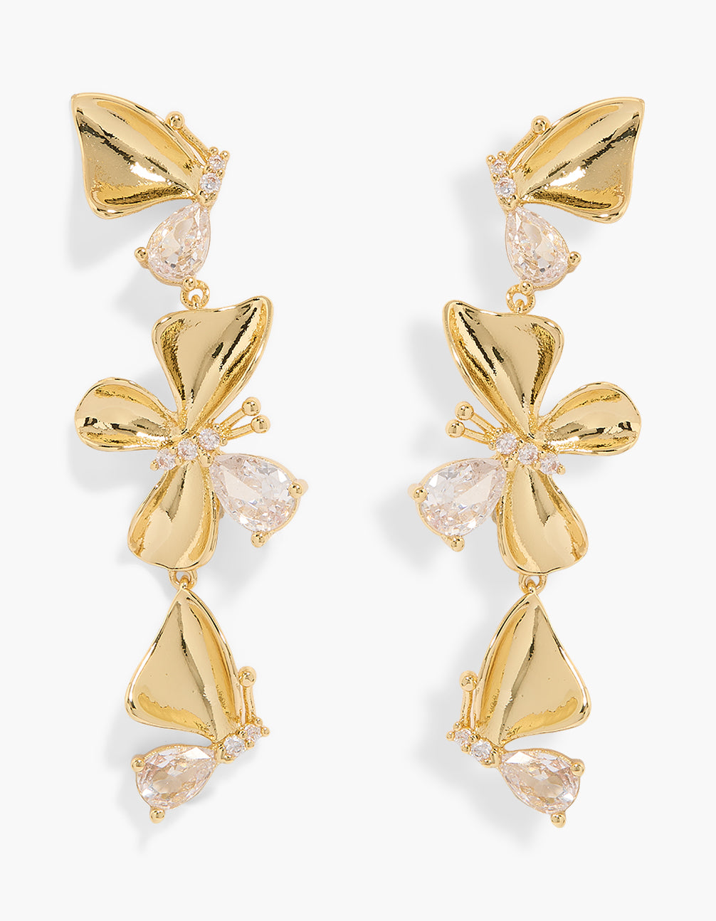 Statement drop earrings featuring butterfly design with cubic zirconia stones in gold plated finish front view