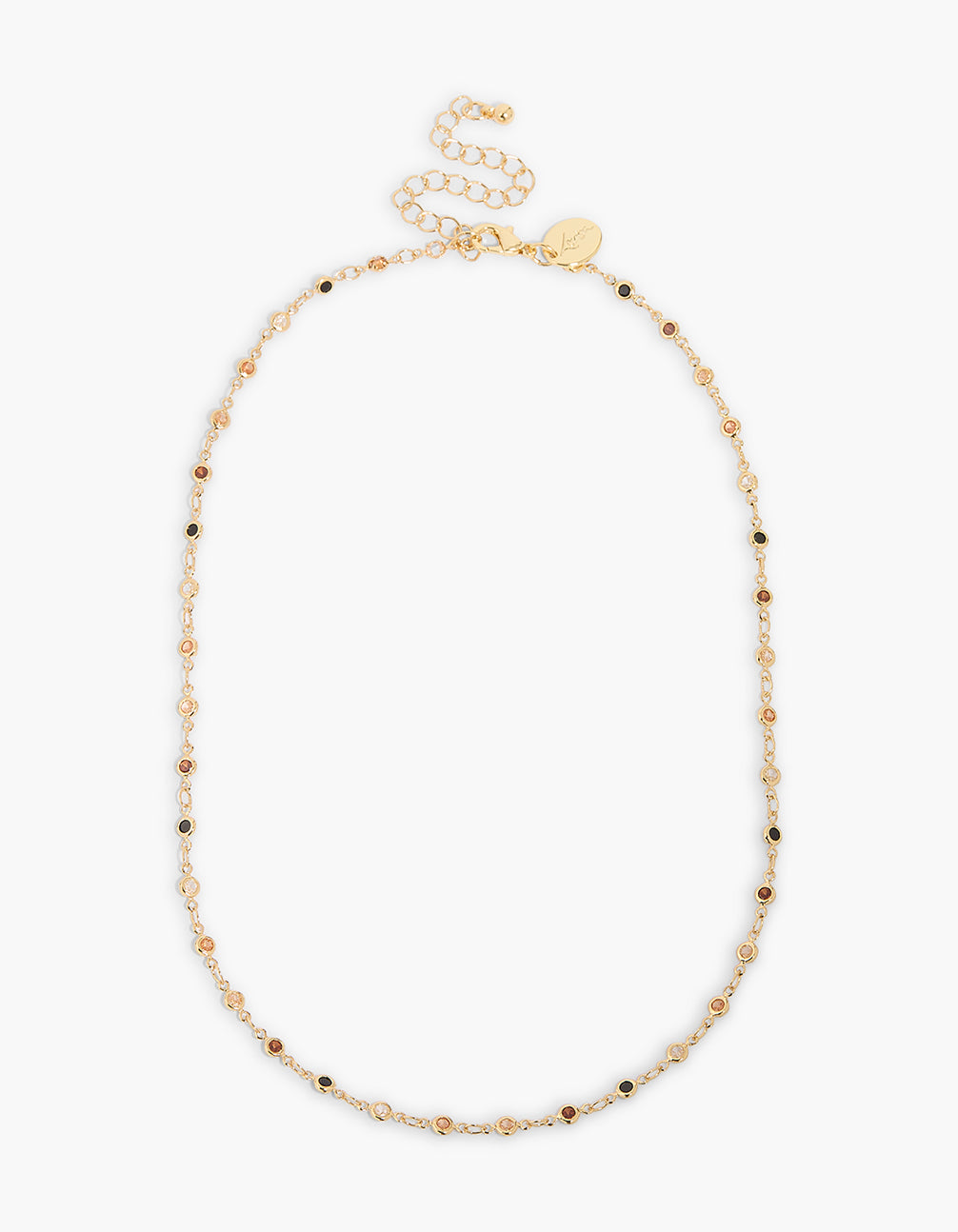 Elegant flat station necklace with multicoloured cubic zirconia in gold plated finish clasp detail view