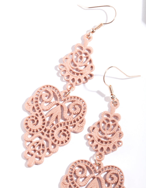 Large Pink Filigree Drop Earrings