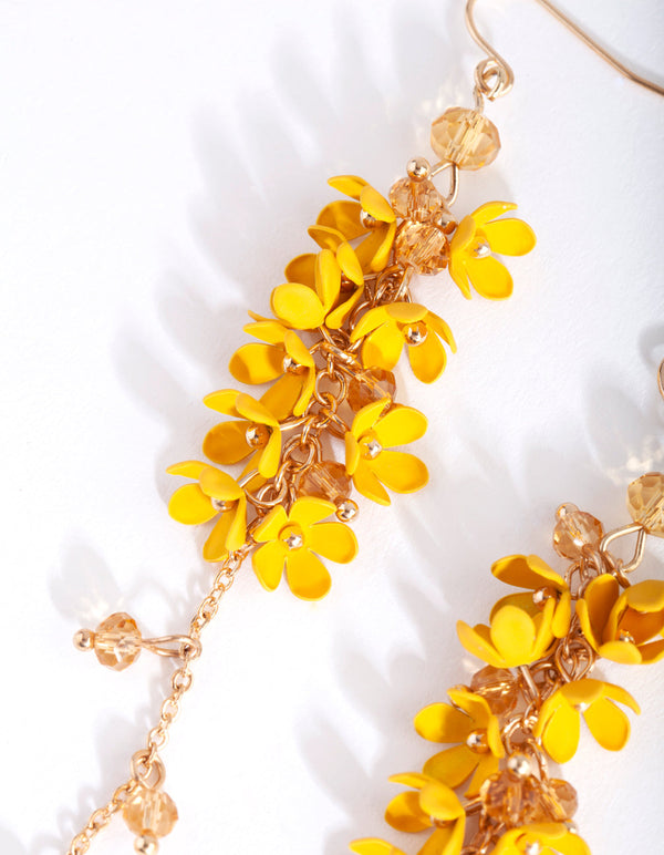Gold Yellow Flower Cluster Drop Earrings